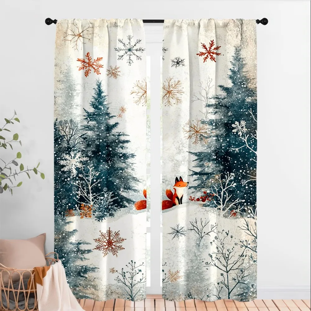 2PCS Digital Print Curtains, Christmas Pine Tree Snowflake Pattern, Winter Wonderland Style for Xmas Holiday Home Decor