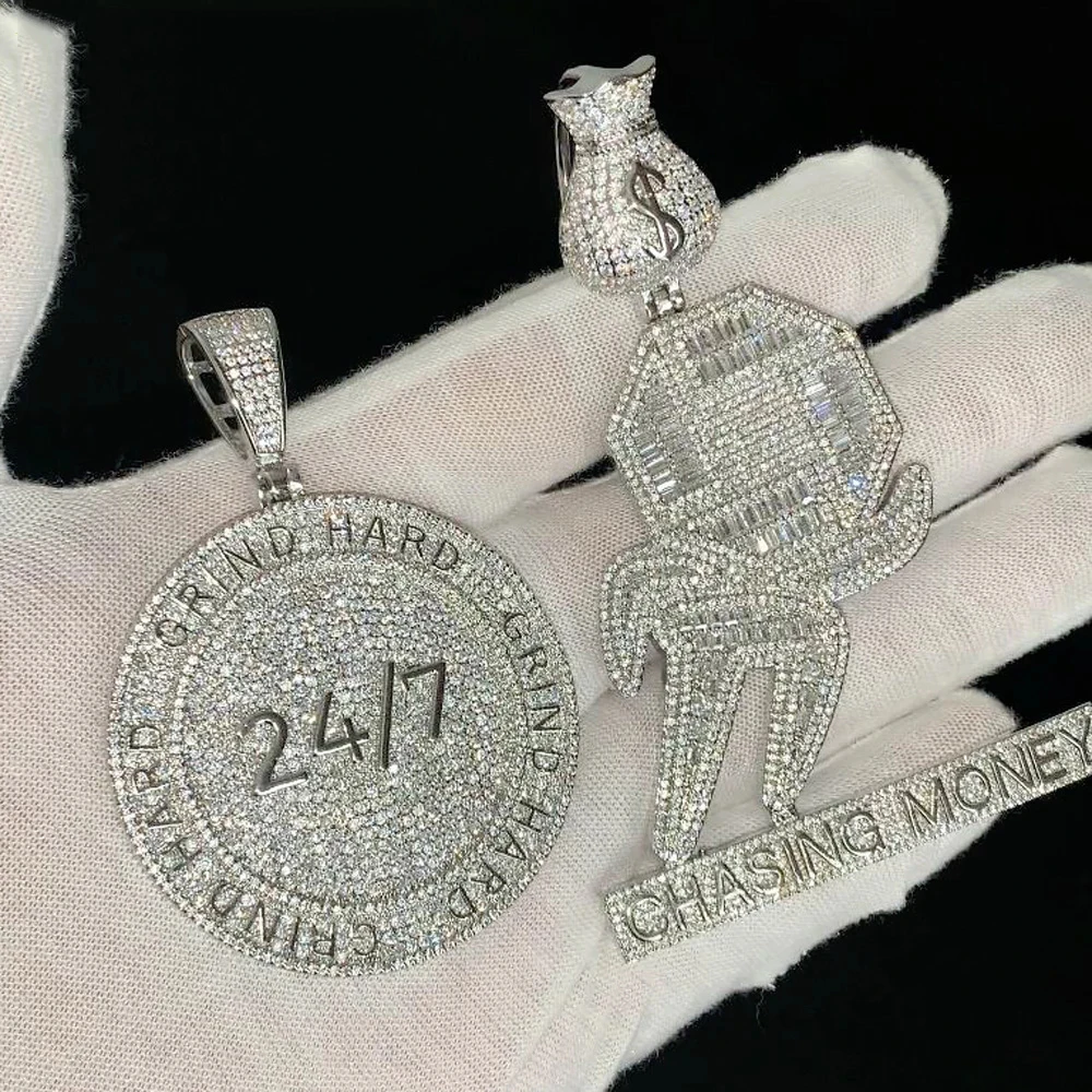 Iced Out Bling Silver Gold Color Hip Hop Fashion Jewelry Micro Paved Cz Letters Chasing Money Dollar Boy Men's Pendant Necklace