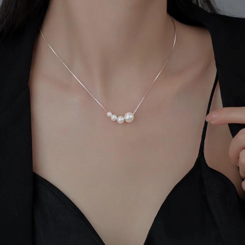 Fashionable Temperament 925 Sterling Silver Four Imitation Pearls Necklace for Woman Girls Charm Collarbone Chain Jewelry Gifts