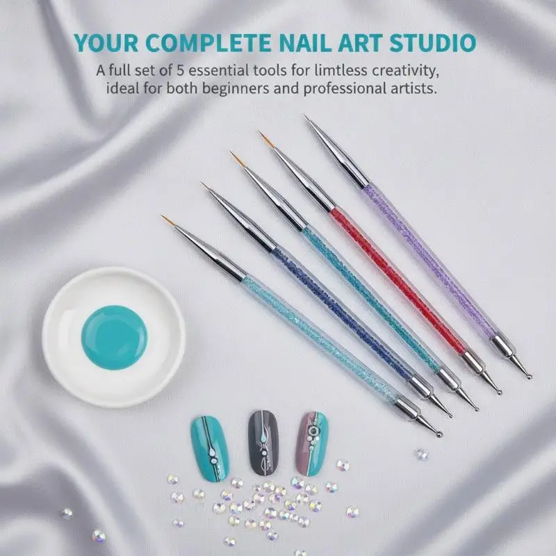 Nail Art Dotting Pen Kit 5Pcs Non-Slip Acrylic Liner Brush Rhinestone Picker for Home DIY UV Gel Manicure