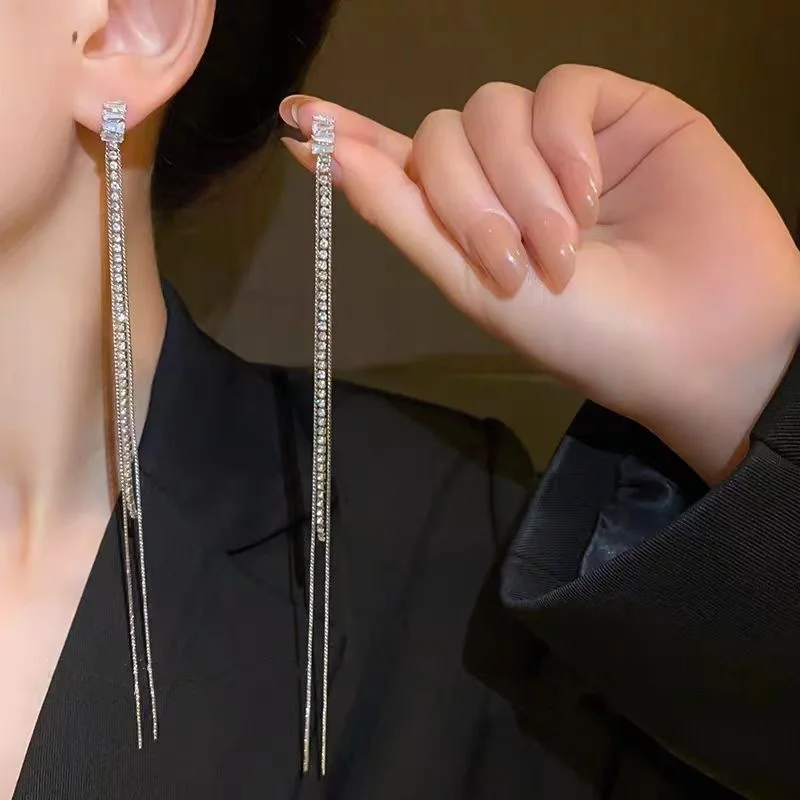 925 Silver Needle Korean Fashion Long Crystal Tassel Earrings For Women Jewelry 2026 Trending New Luxury Women's Zircon Earrings