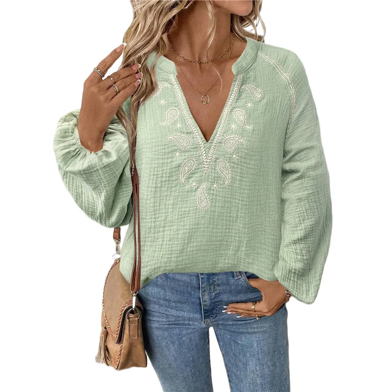 ASDS-Dames Boho Tops Lange mouw V-hals Borduurblouse Linnen overhemd