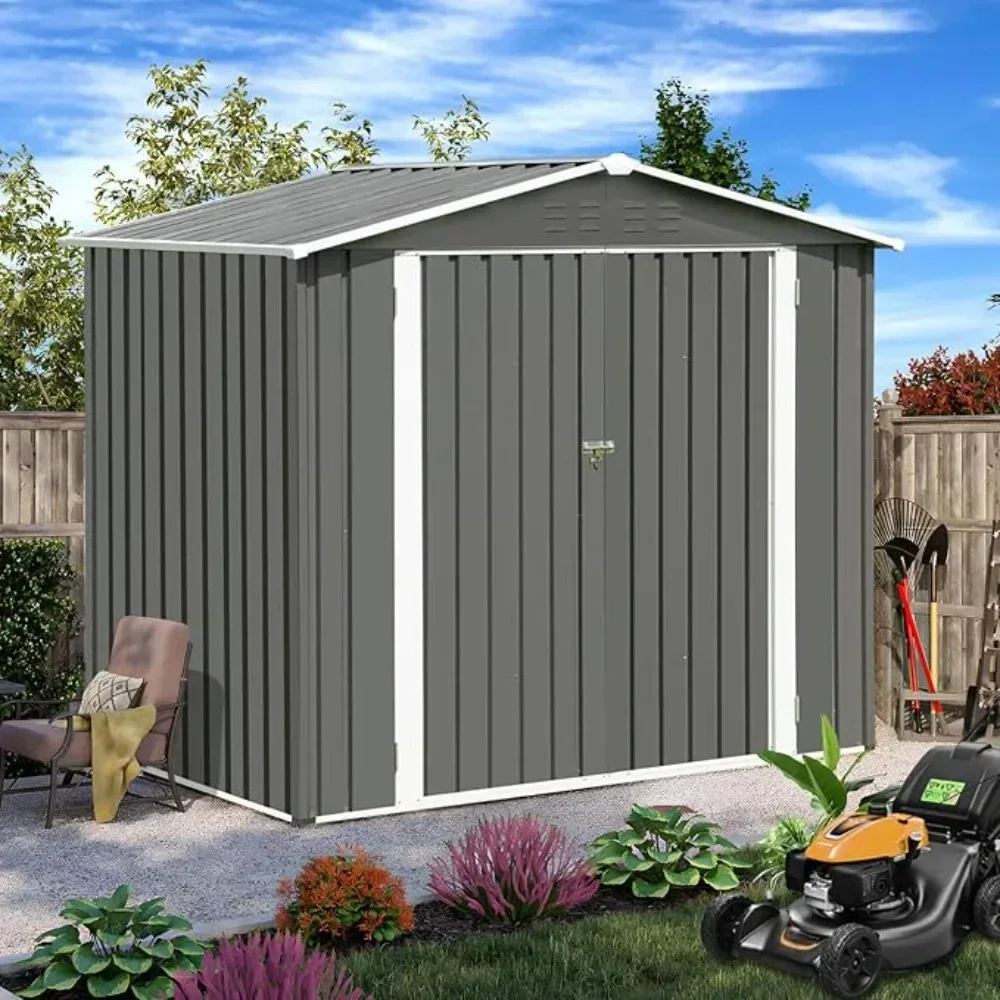 

Outdoor Storage Shed Metal 4.2x7 FT, Portable Utility Tool Outside Shed Box Waterproof Large Shed House for Backyard Garden,Grey