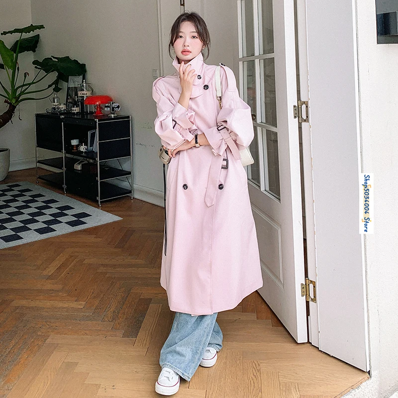 

Fashion Elegant Double Breasted Korean Style Long Trench Coat for Women 2024 Autumn New Loose Belted Windbreaker Overcoat 2555