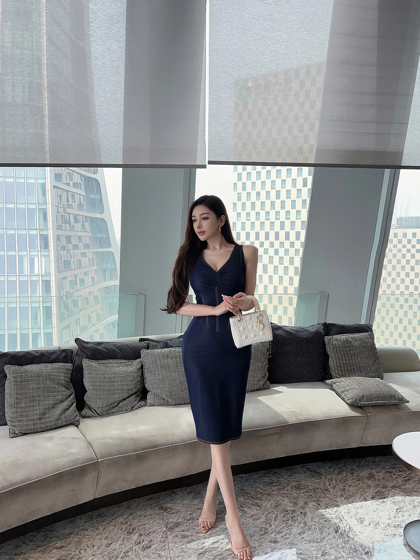 

Ele High Waist Slim Fit Denim Dr V Ne Material Commute Friendly Wrap around Long Skirt Summer Season