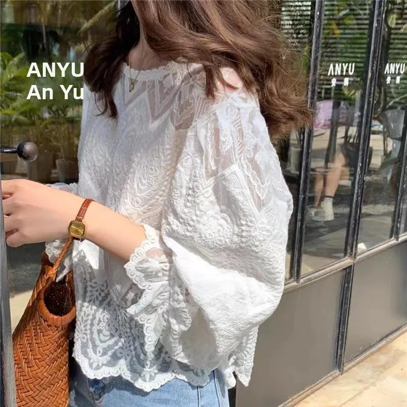 

Ele Sweet Lace Hollow out Women's irt Design Sensation Spring 2025 New Arrival Faionable Commute Sle round Ne Lon...