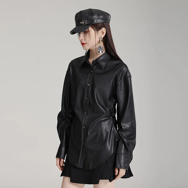 New minority design leather women's shirt with American retro style waist cinched PU leather top