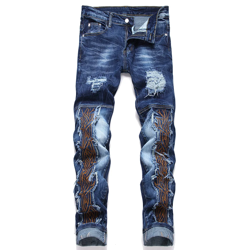 

Men's Embroidery Stretch Denim Jeans Holes Ripped Fringe Patch Pants Blue Slim Straight Trousers