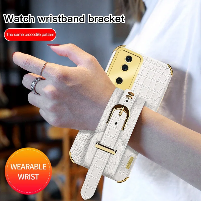 

Wrist Strap Crocodile Leather Soft Phone Case ForHonor 90 50 Lite 70 Pro Plus 200 Smart Protection Holder Silicone Cover Cases