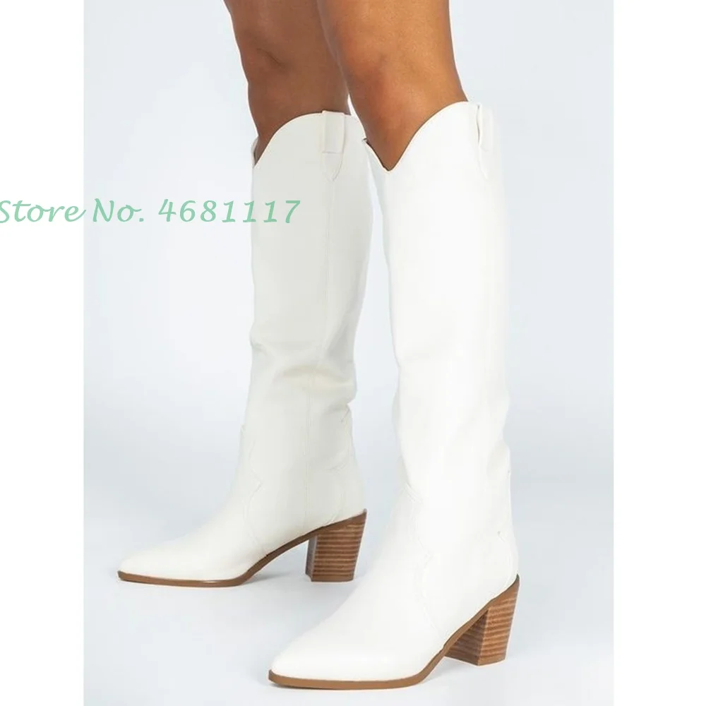 White Leather Knee High Boots High Heels Chic Pointy Toe Slip On Long Boots Wood Heels Fashion Women British Style Spring Boots