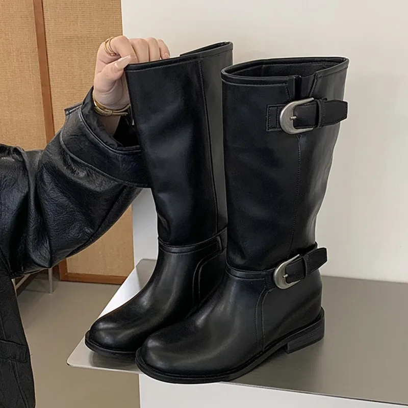 Eilyken Winter Retro Contrasting Splicing Buckle Strap Women Knee-High Boots Western Style Round Toe Square Low Heels Shoes