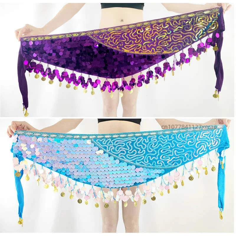 Neue Bauchtanz Pailletten Quaste Hüfte Schal Rock Samt Hängen Münze Taille Schal Kupfer Gong Stück Taille Rock Dance Performance