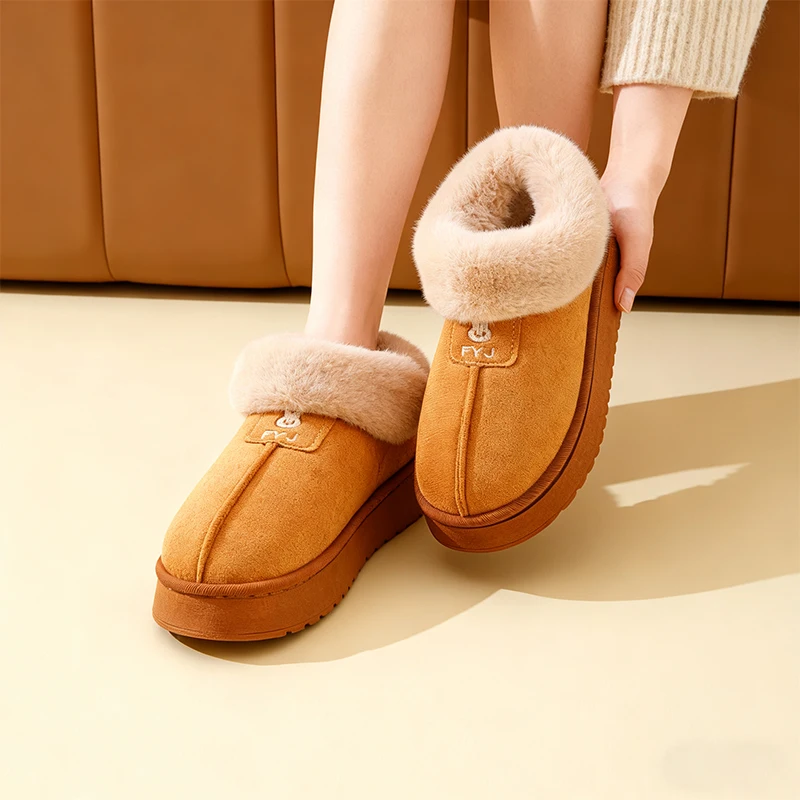 

Winter Women's Cozy Slipper Boots with Faux Fur Trim Embroidered Suede Platform Slippers for Indoor Outdoor Use