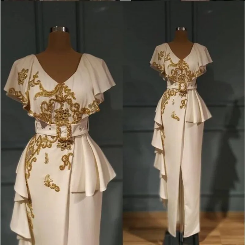 

Saudi Arabia Gold Appliques Beads Mother of the Bride Dresses 2023 Stain Cap Sleeve Mother Occasion Gown Robe De Soiree