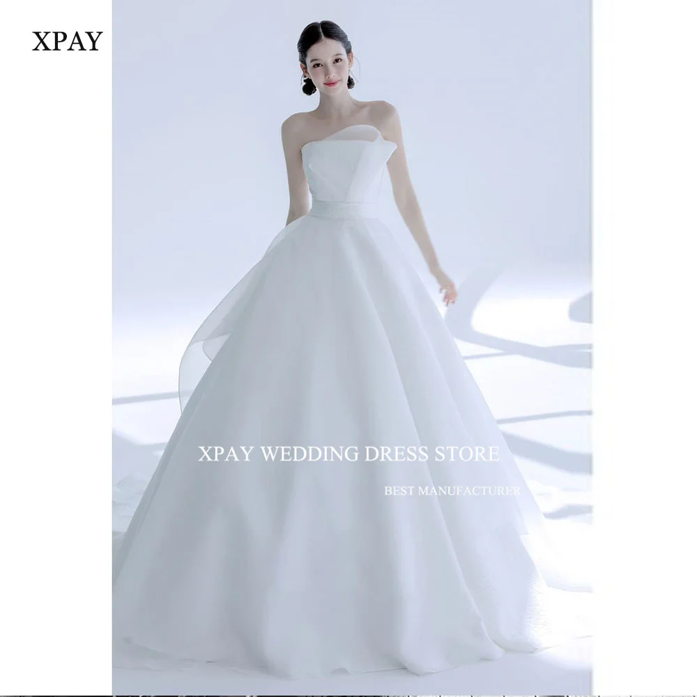 XPAY Simple Wedding Party Dresses Princess A-line Korea Bridal Gown Elegant Strapless Sweep Train 웨딩 드레스 Photo Shooting