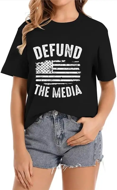 Defund The Media Crew Neck Casual Short Sleeve Vintage Summer Graphic T-Shirt for Women