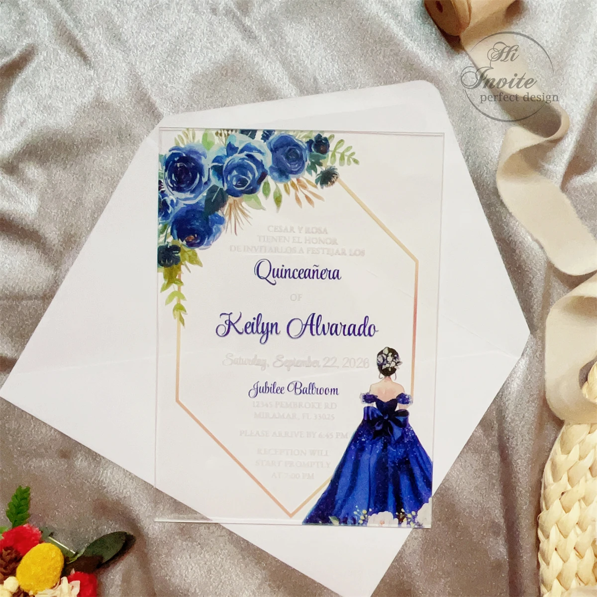 Royal Blue Princess Sweet 15 Acrylic Invitation, Floral&Geometry Quinceañera Acrylic Invite, XV Anos Card