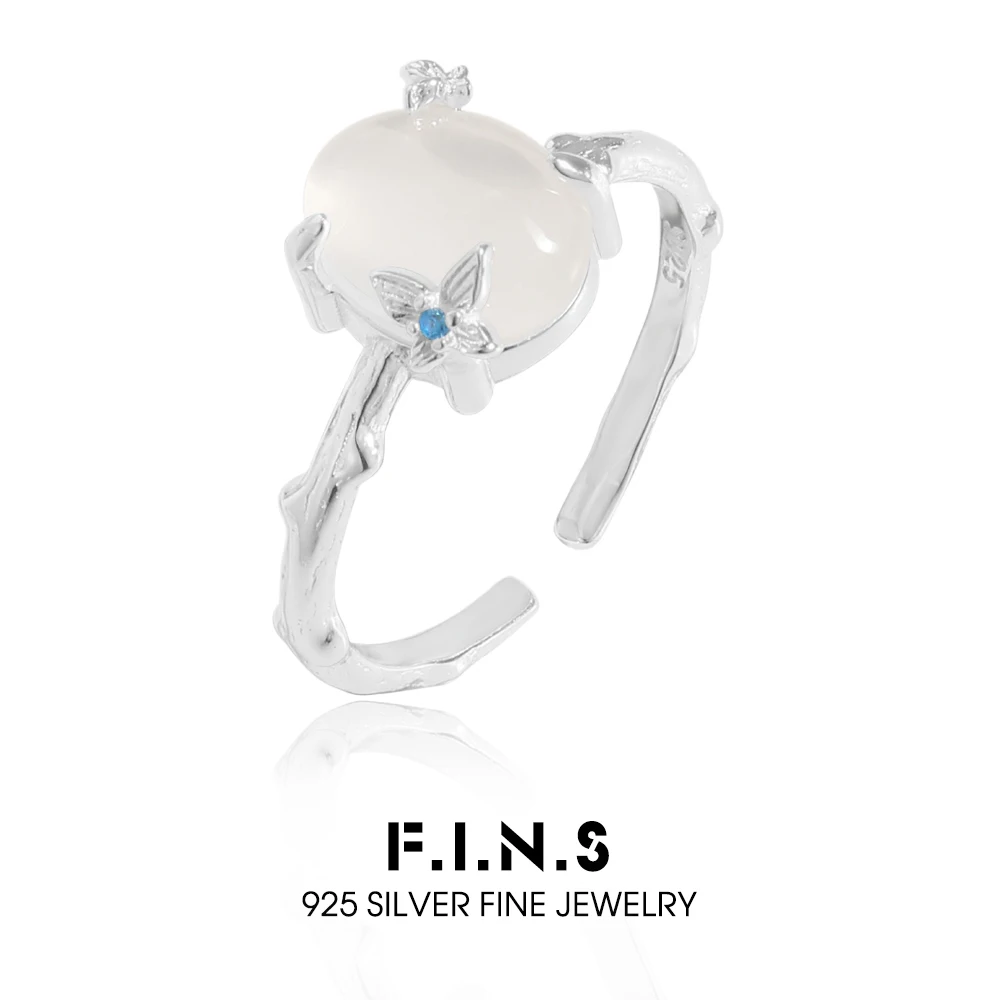 

F.I.N.S оригинальный дизайн, открытое кольцо из стерлингового серебра S925 для женщин, белый агат, бабочка, регулируемый указатель среднего пальца, ювелирные изделия