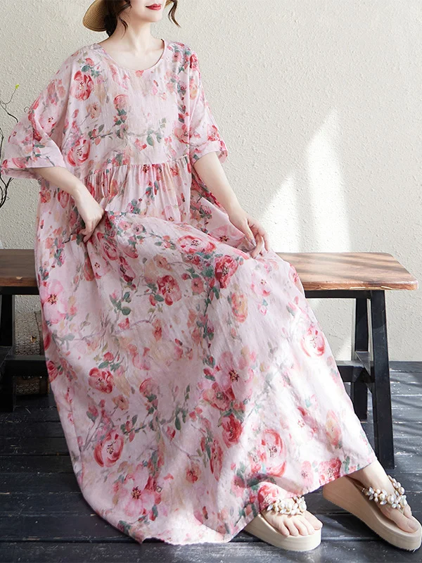 

Летнее новое длинное платье из хлопка и льна круглое Ne ort Sve Pink Simple Sle для больших размеров для женщин до 200 Pou