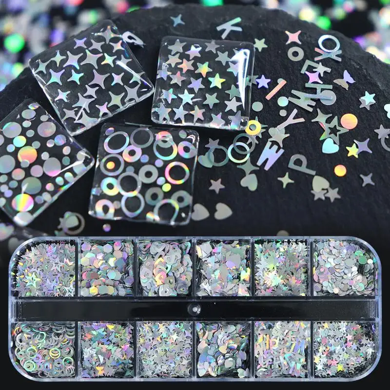 12 Grids Nail Enhancement Silver Star Love Patterns Laser Nail Glitter Flash Nail Decoration Nail Charm DIY Manicure Tools