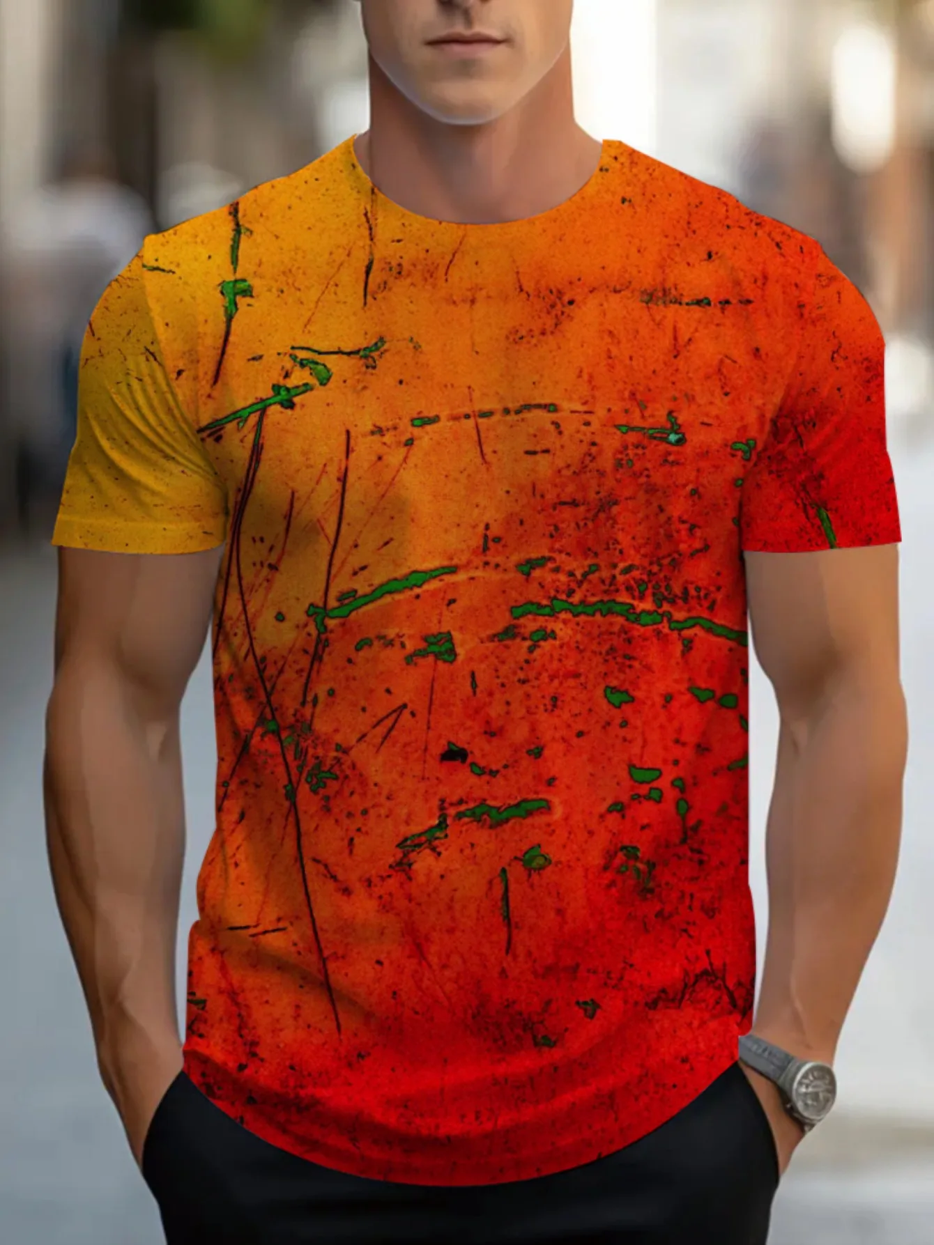 Men Orange Red Gradient Scratch Texture 3D Print T-shirt Crew Neck Short Sleeve Streetwear Casual Tee