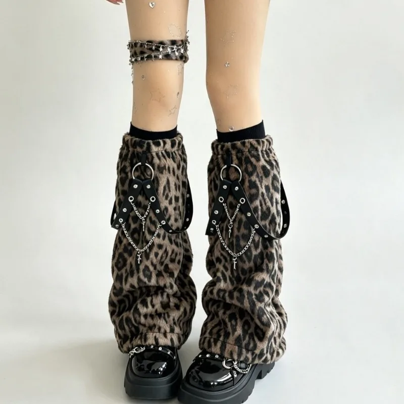 Y2K Punk Leopard Faux Fur Leg Warmers for Women, Alternative Flared Leg Cuffs with Rivet Strap & Cross Chain, Gothic Boot Covers - view 2