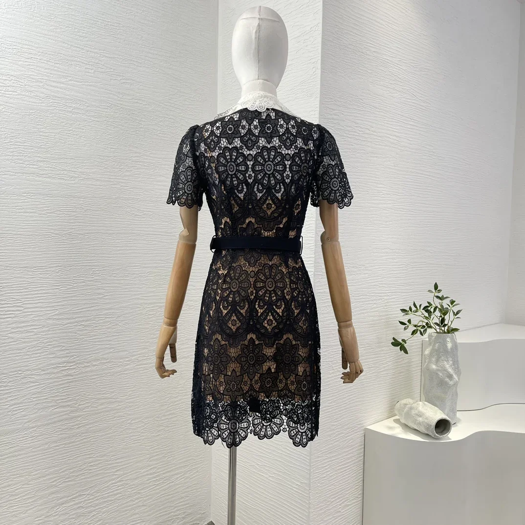 Women's Black Elegant Mini Dress Short Sleeve Lace Hollow Out Self Tie Belt High Quality Ladies Dresses for Party