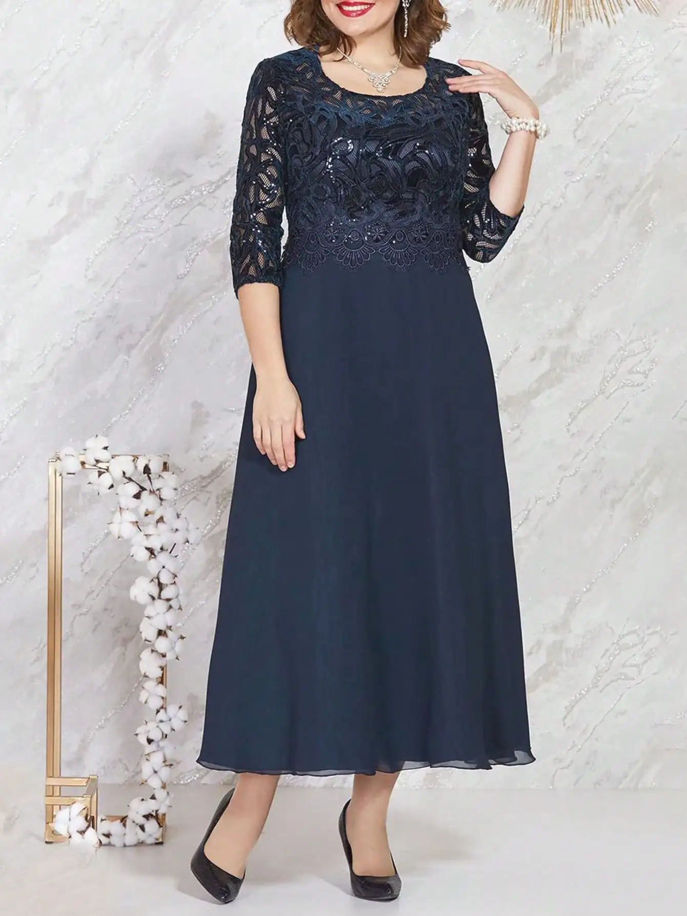 

Navy Blue Lace-Embellished Chiffon Maxi Dress with 3/4 Sleeves