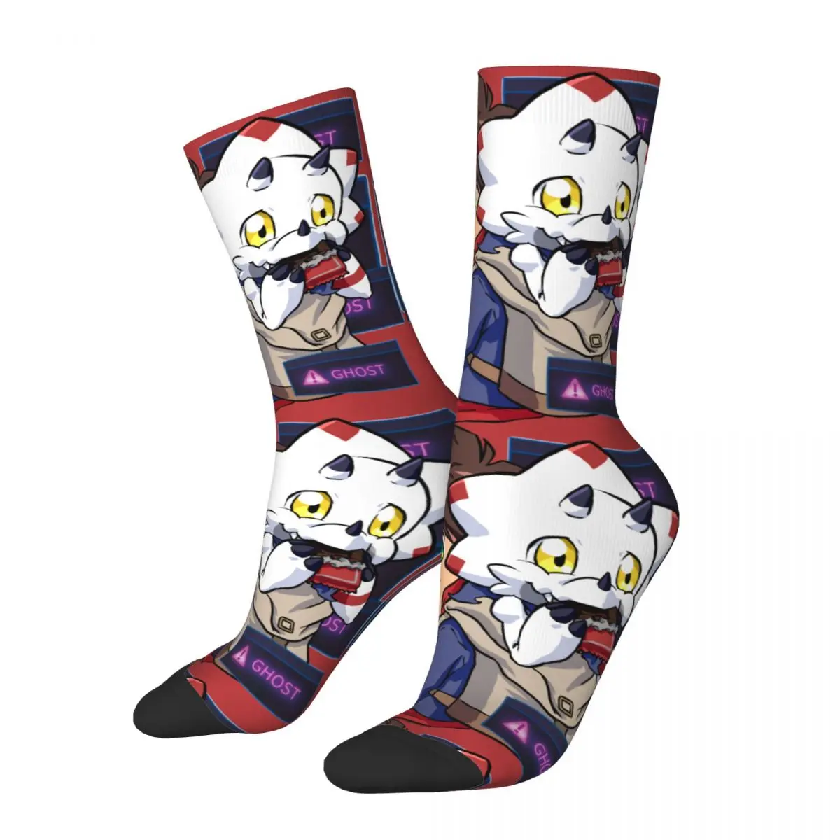 Funny Compression Sock for Men Hiro And Gammamon Classic Hip Hop Harajuku Digital Monster Manga Pattern Printed Boys Crew Sock