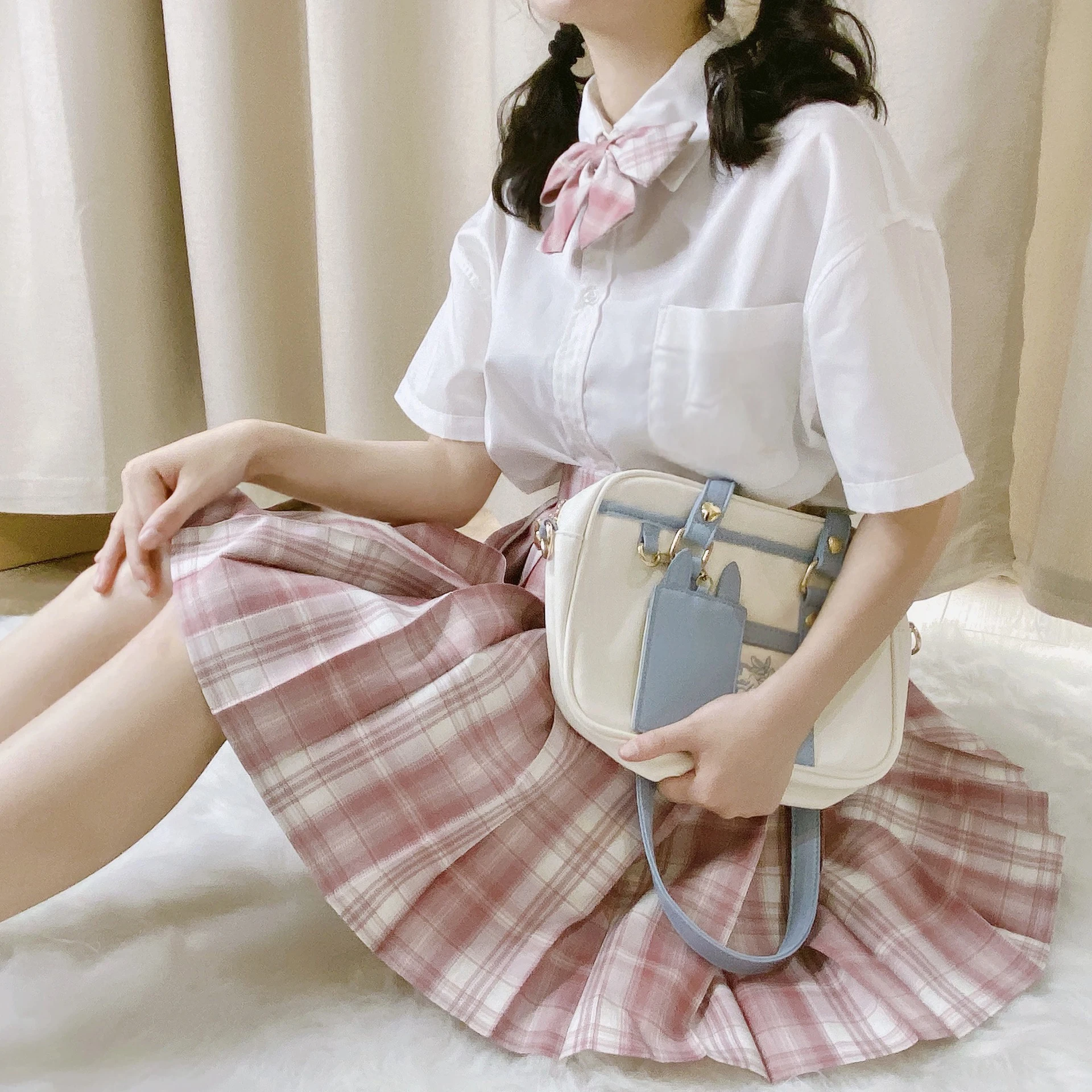 [Zui Mian] Long/Short sleeve Summer High Waist Pink Plaid Pleated Skirts Women Dress JK School Uniform Students Girls Clothes