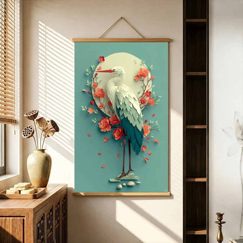 White Egret Zen Minimalism Wall Art Pearlescent Canvas Hanging Scroll with Wooden Rods for Spa Lounge Decor Calm Water Scene