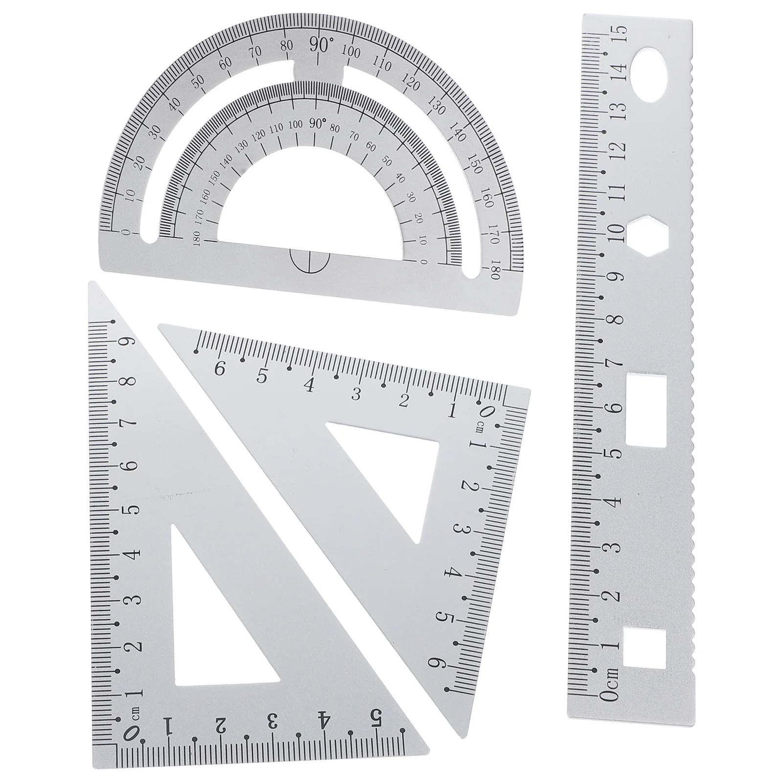 1 Set mit 4 Stück DIY-Metalllineal, robustes Büro-Metalllineal, Lineal, Schreibwaren-Set, dreieckige Platte, Winkelmesser, Testlineal für