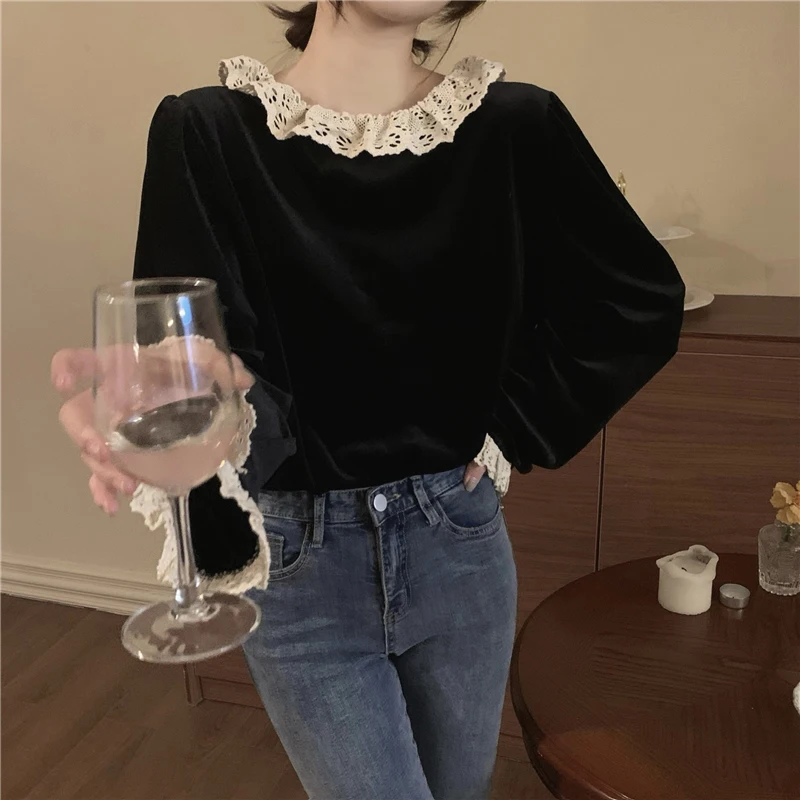 MEXZT Vintage Velvet Shirts Women Elegant Lace Patchwork Blouses Office Lady Korean Sweet Ruffles Long Sleeve Casual Tops New