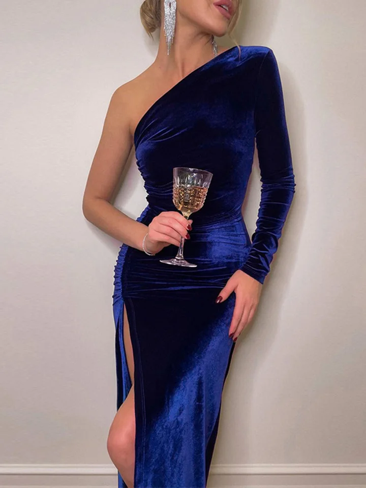 Vestido Elegante de Manga Larga para Mujer, de Terciopelo, Entallado, con Abertura, para Fiesta de Noche, Largo Medio, Primavera Otoño 5