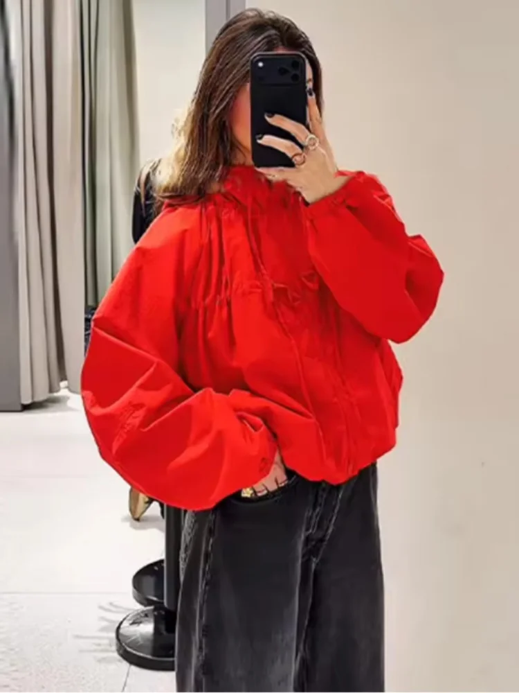 Fashion Long Sleeve Zipper Pocket Lace Up Loose Casual Coat Women's Red Hooded Jacket Lady 2026 Spring Chic Street Outerwear