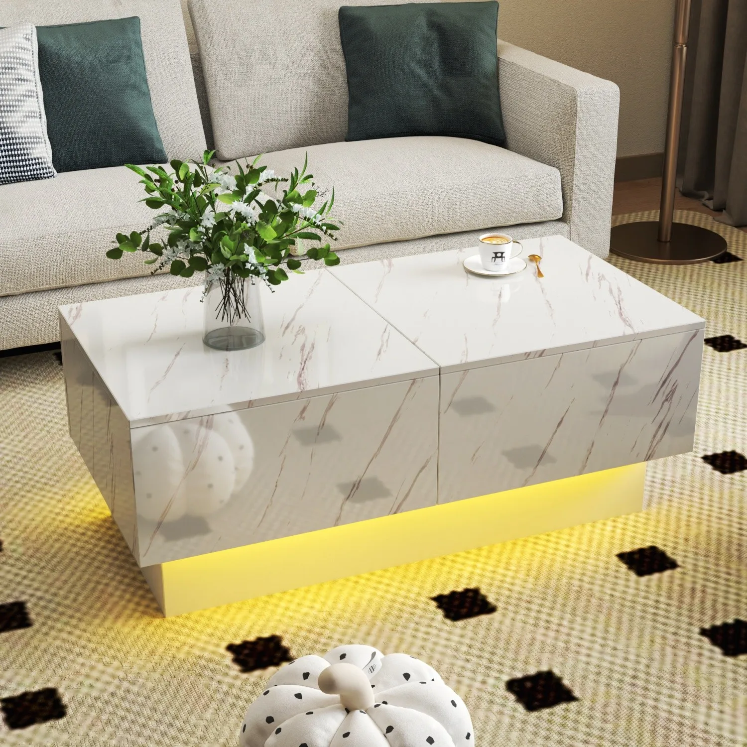 Café TablesLED Illuminated Coffee Table with Sliding Top and Hidden Storage for Living Room