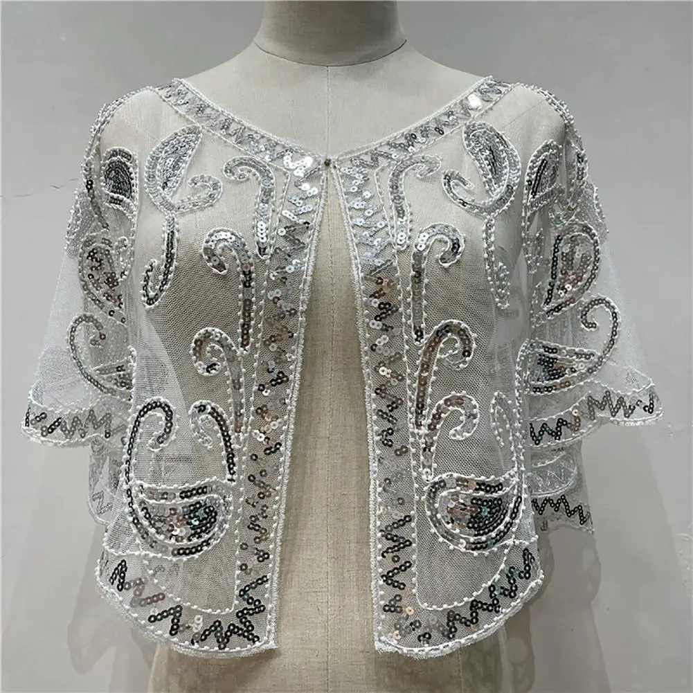 Women Shawl Sequin Shawl Coat Fashion Pattern See Through Shiny Cover Up Mesh Cape Coat Wedding Banquet Sparkling Shawls Wrap