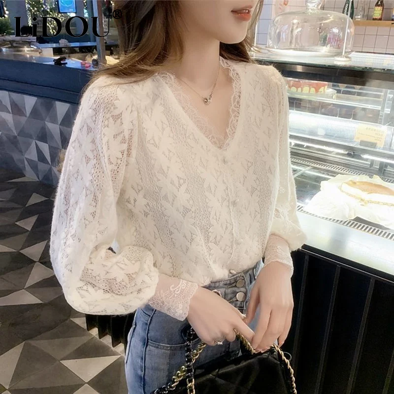 Spring Summer Elegant Fashion V-neck White Lace Shirt Female Long Sleeve Casual All-match Pullover Blouse Top Women \'s Clothing