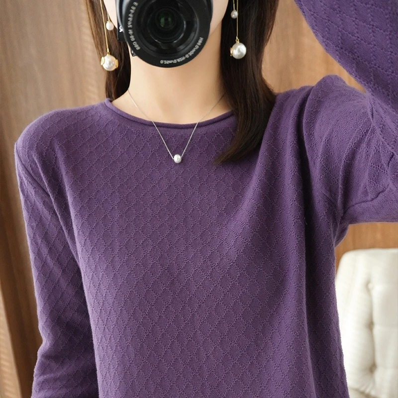 Women 100% Cotton Sweater Curled Round Neck Knitted Pullover Diamond Grid Soft Clothing Long Sleeve Bottoming Tops Autumn Winter