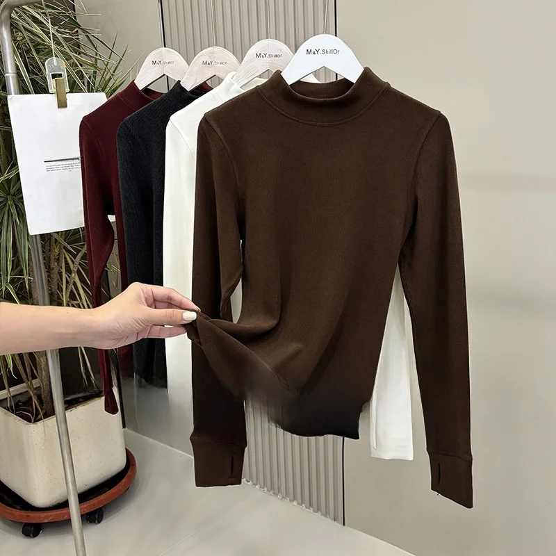 

Women's Slim-fit Velvet Base Shirt Autumn Winter Warm Solid Color Semi-high Collar Sports T-shirt Top