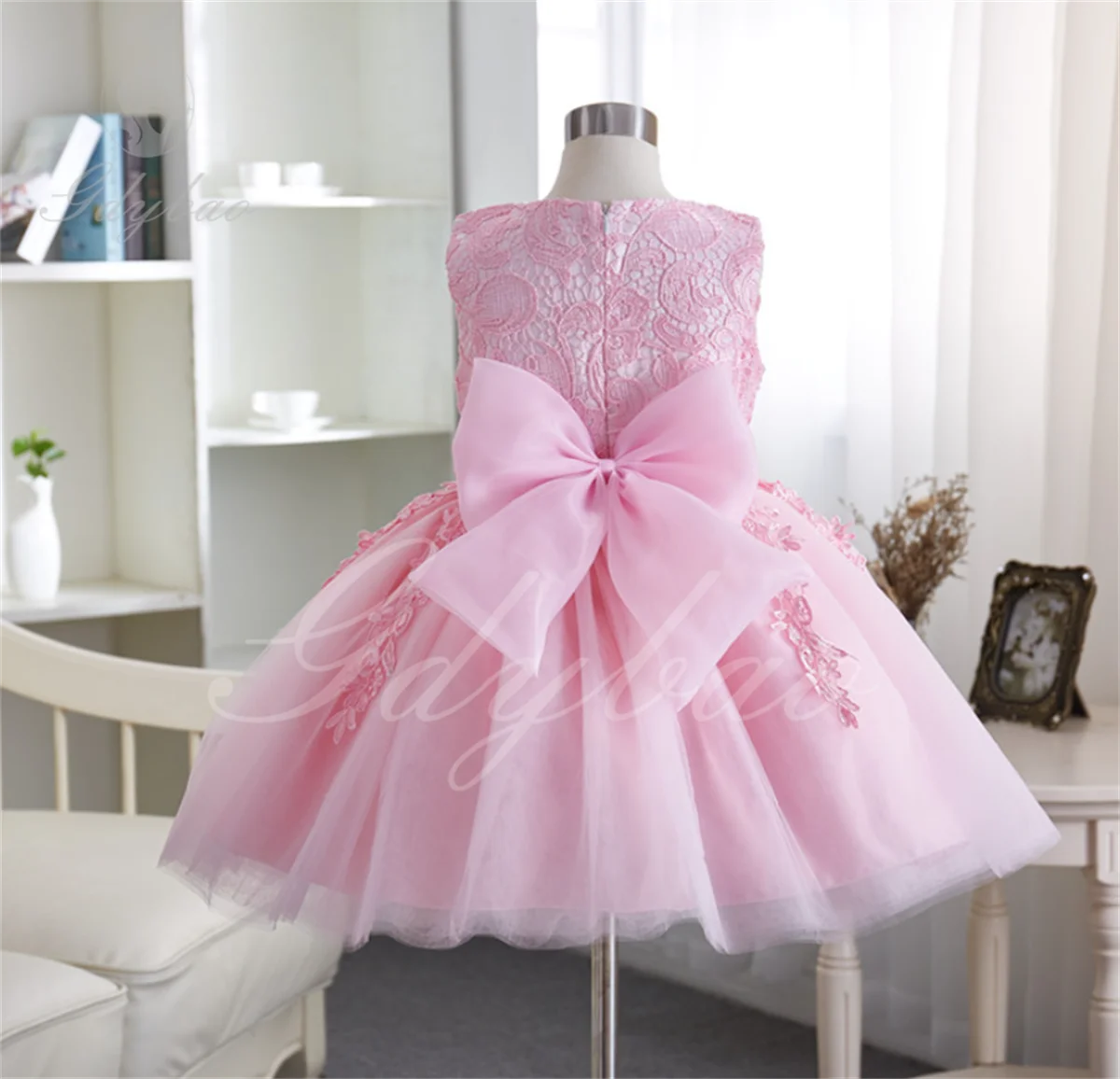 Flower Girl Dresse Beads With Pearls Bow Puffy O-neck Birthday Party Pageant Dress Kids Baby For Wedding Ball Gown