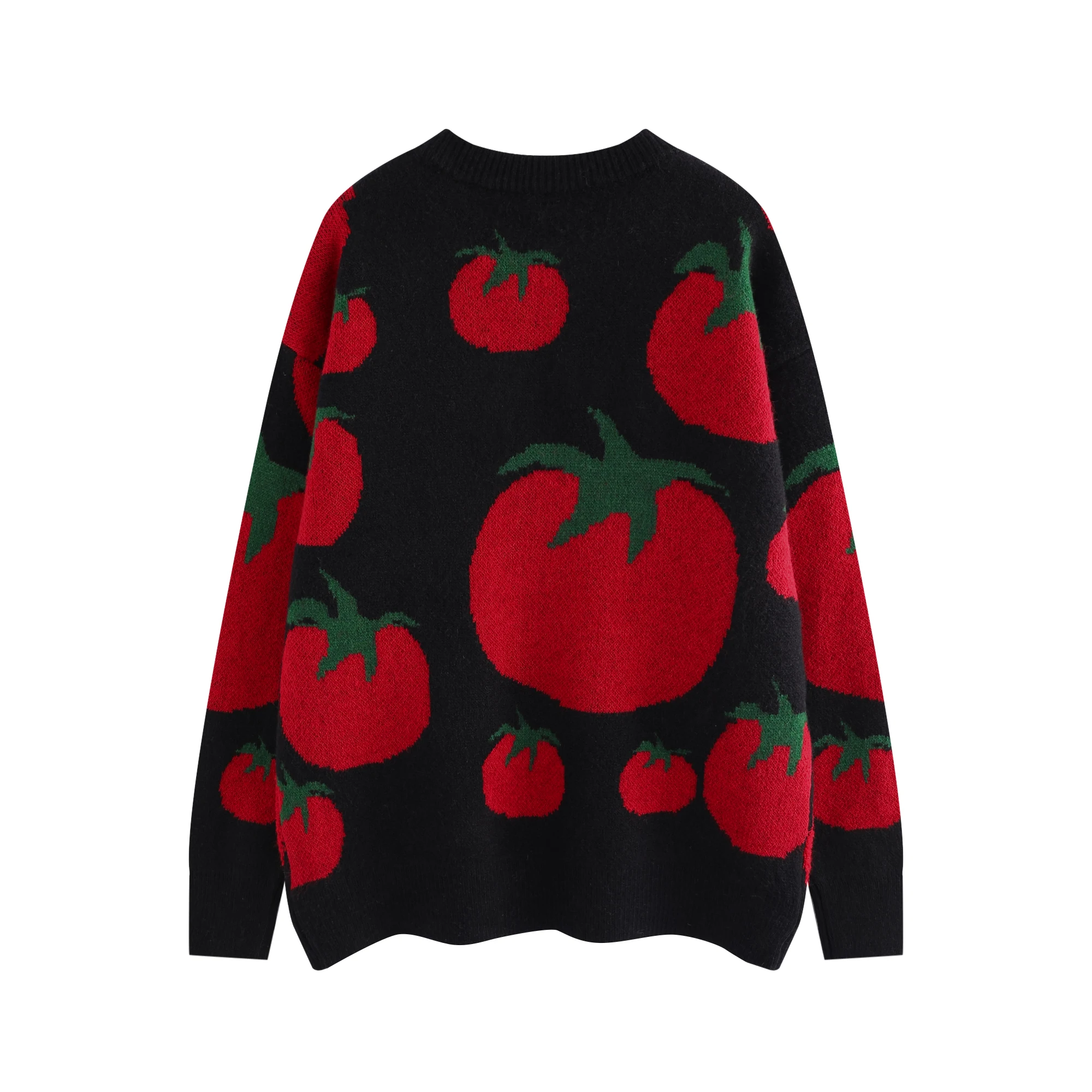 Japanese Fashion Knitwears Y2k Autumn and Winter Tomato Embroidery Knitted Sweater Men's Women's Round Neck Cartoon Jumpers