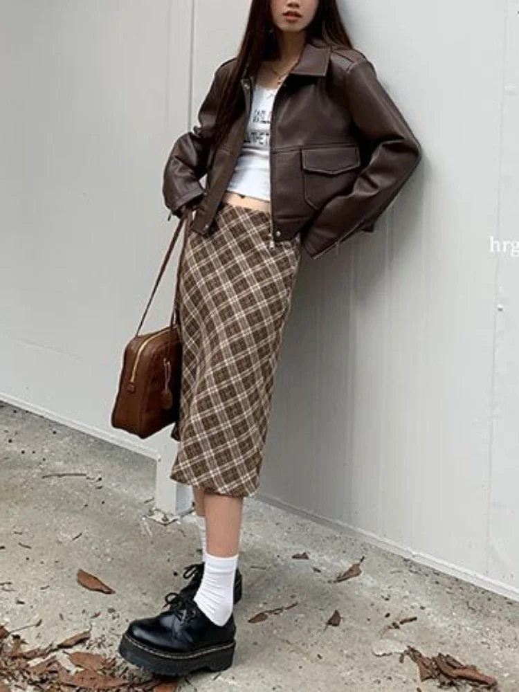 Gonne Donna Retro Autunno Chic Quotidiano Y2k All-match Stile americano Vita bassa Faldas Mujer Plaid Lunghezza al ginocchio College Basic Elegante