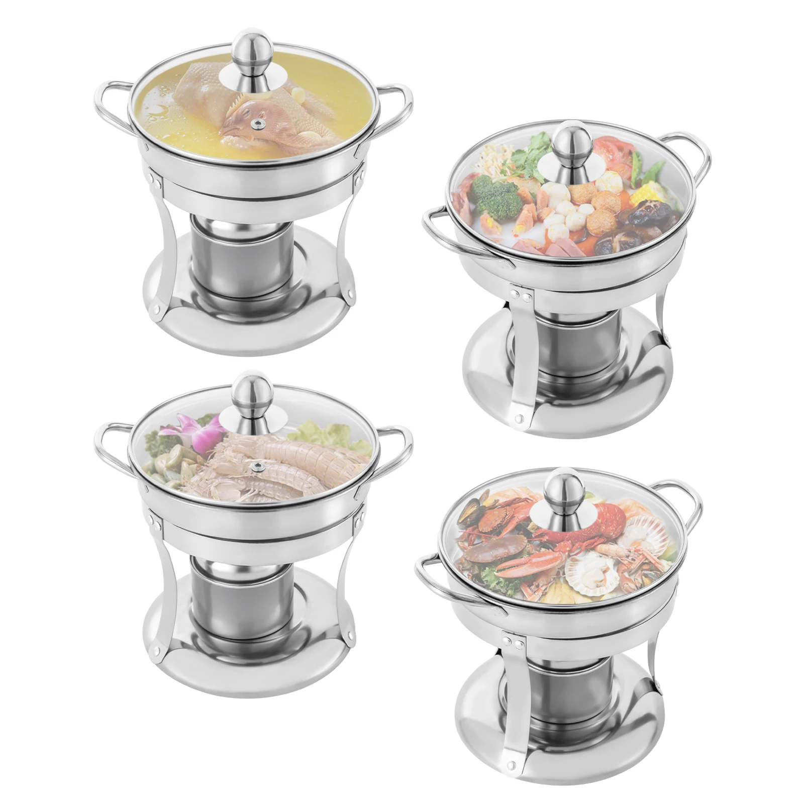 

4 Set Small Stainless Steel Buffet Warmer Chafer Round Chafing Silver Set with Lid for Single Hot Pot Catering Event Parties