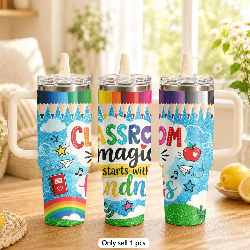 Teacher Gifts Vacuum Flasks 40oz Stainless Steel Tumbler with Handle Straw Lid Vacuum Insulated Double Wall Leak Proof