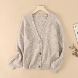 Cashmere Blend Wool Soft Winter Warm Knitted V-Neck Women's Cardigans Sweater Korean Fashion Solid Casual Cardigan For Women