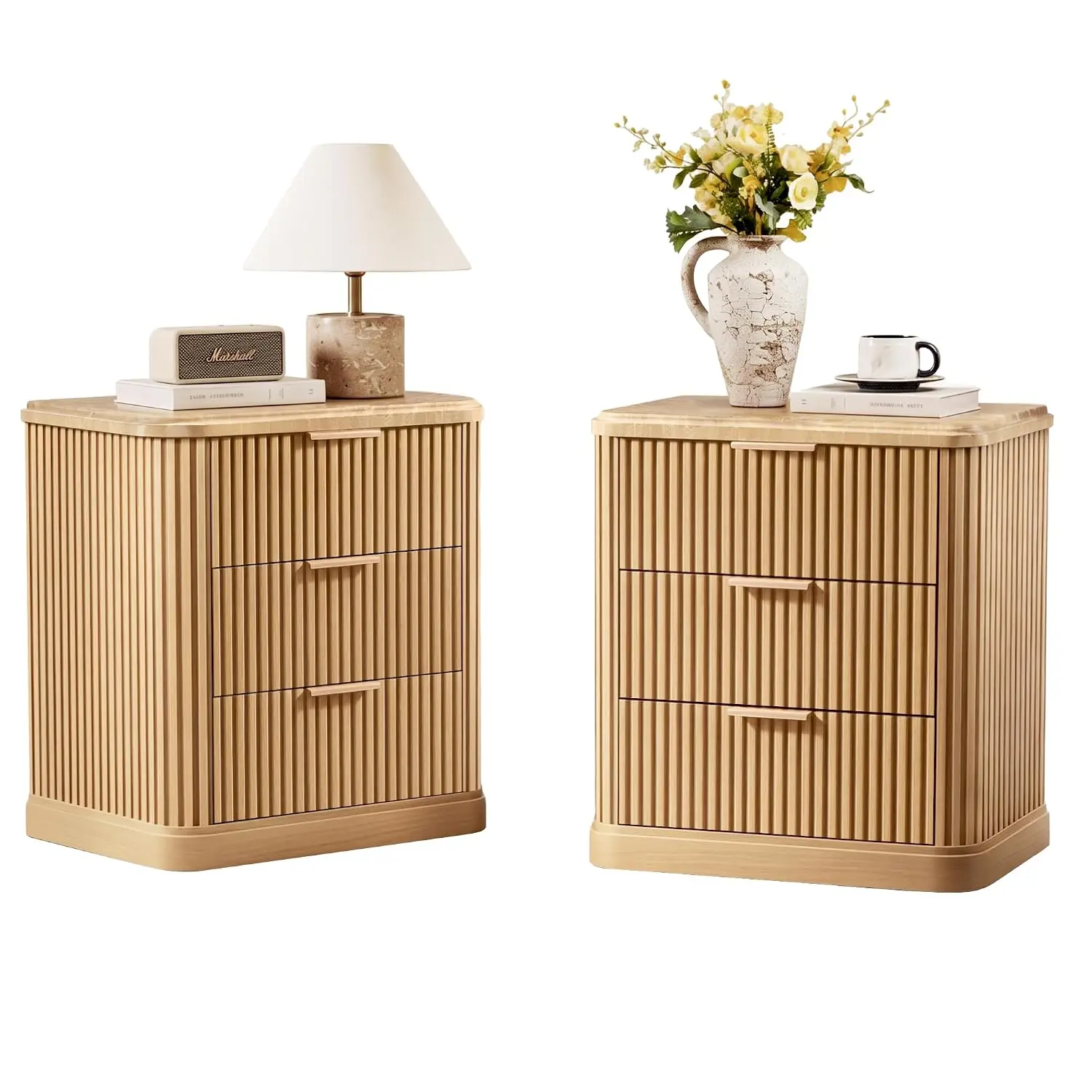 Modern Fluted Nightstand Set of 2 with 3 Drawers, 22.8