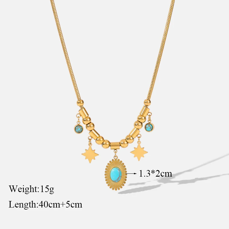 GANEMLY 316L Stainless Steel Vintage Oval Artificial Turquoise Pendant Necklace For Women Fashion Neck Chain Waterproof Jewelry