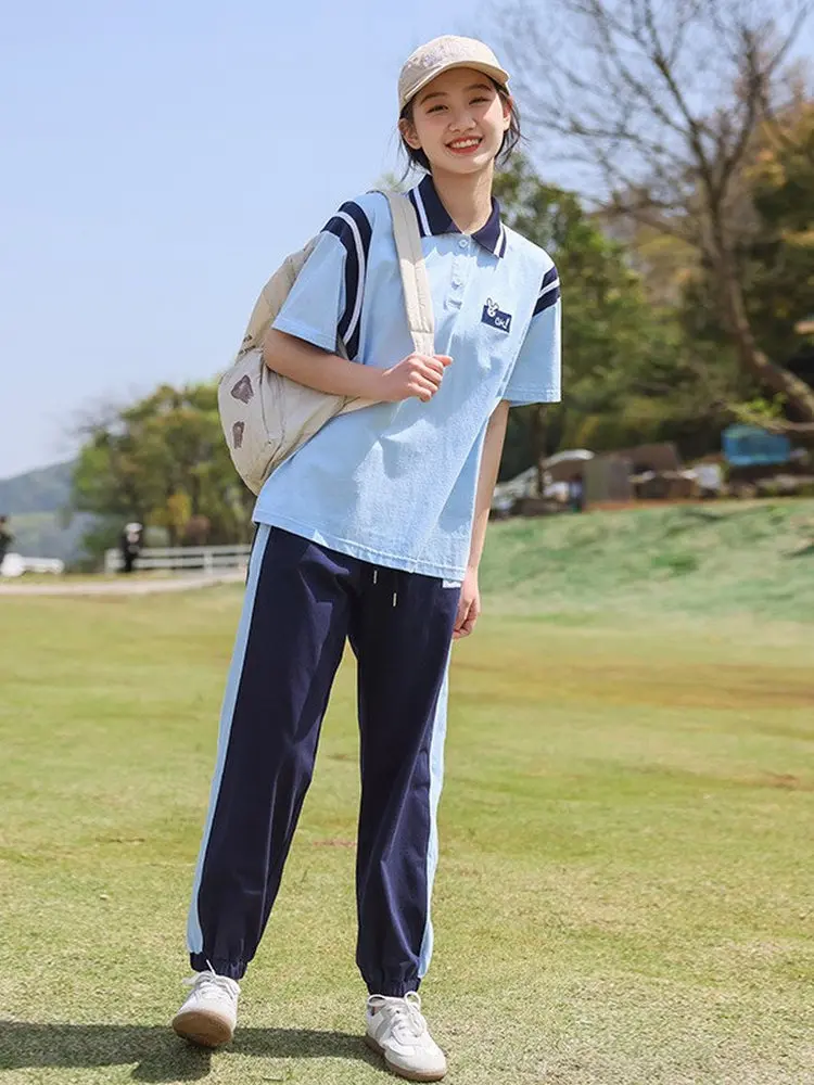 

Pure Cotton Sporty Short Sleeve T-Shirt Set for Junior And High School Girls Summer Collection Two Piece Casual Outfit