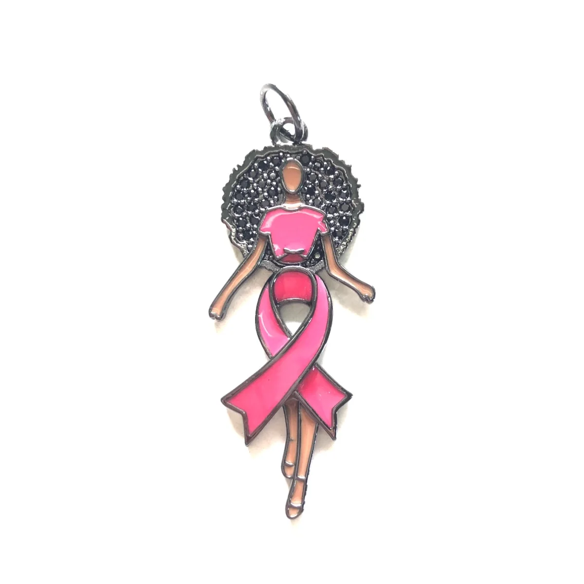 5pcs Enamal Pink Ribbon Afro Black Girl Charms Zirconia Pave Breast Cancer Awareness Pendants for Women Bracelet Necklace Making